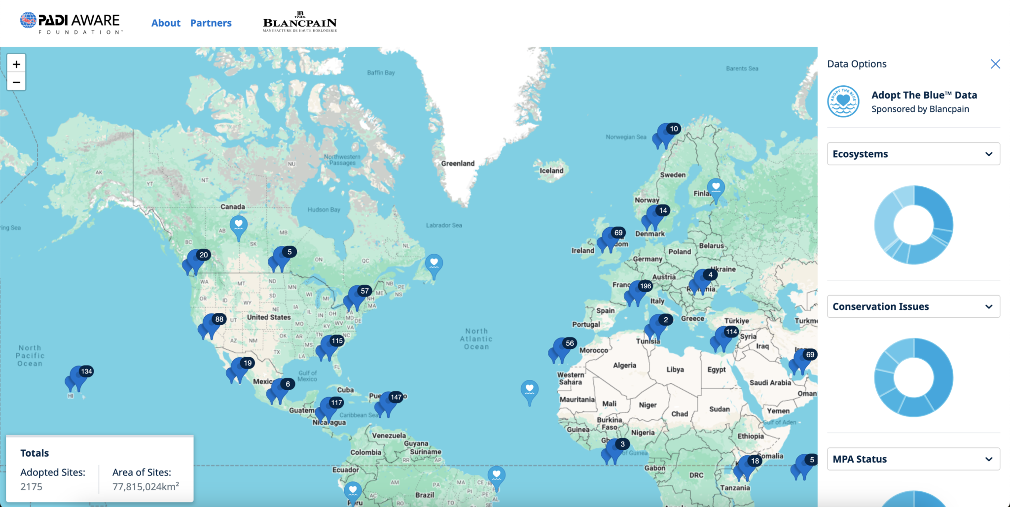 Captura de pantalla del mapa Adopt the Blue de PADI AWARE.